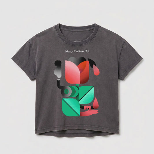 Gray t-shirt with abstract floral design and "Mary Cotton Co." text.