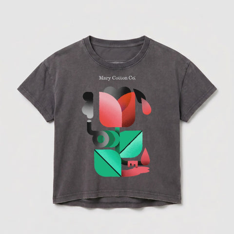 Gray t-shirt with abstract floral design and "Mary Cotton Co." text.