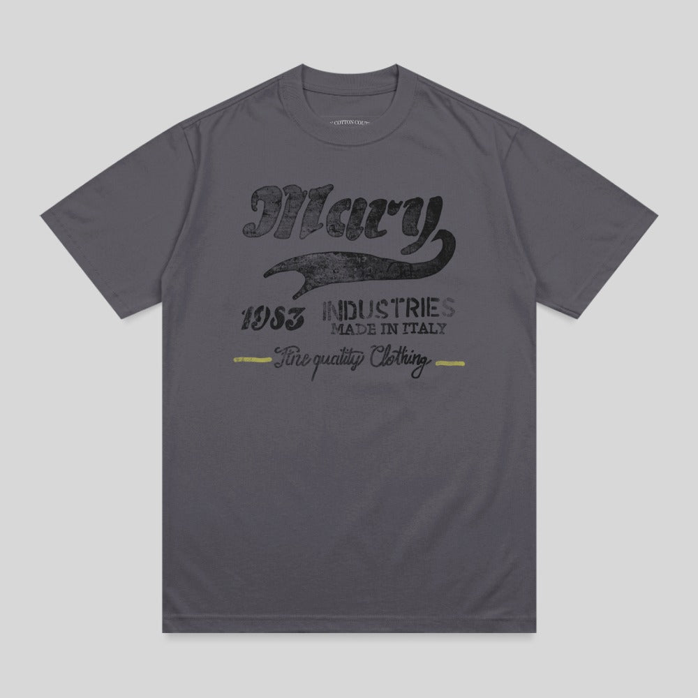 Dark grey t-shirt with "Mary 1953 Industries" and "Fine quality Clothing" text.