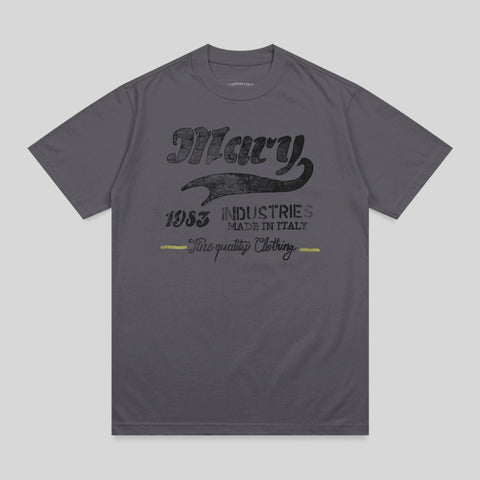 Dark grey t-shirt with "Mary 1953 Industries" and "Fine quality Clothing" text.