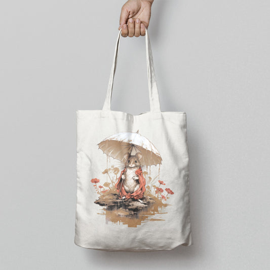 Adorable Mouse Holding Umbrella Printed Tote Bag