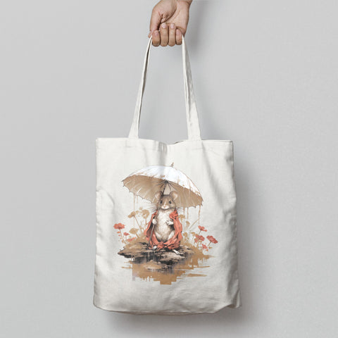 Adorable Mouse Holding Umbrella Printed Tote Bag