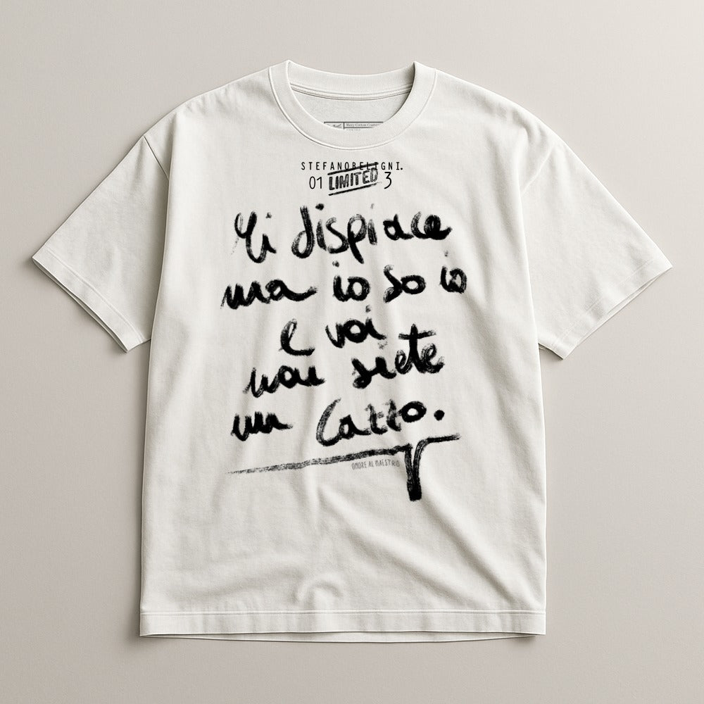 White t-shirt with "Ti dispiace ma io so lo" handwritten text.