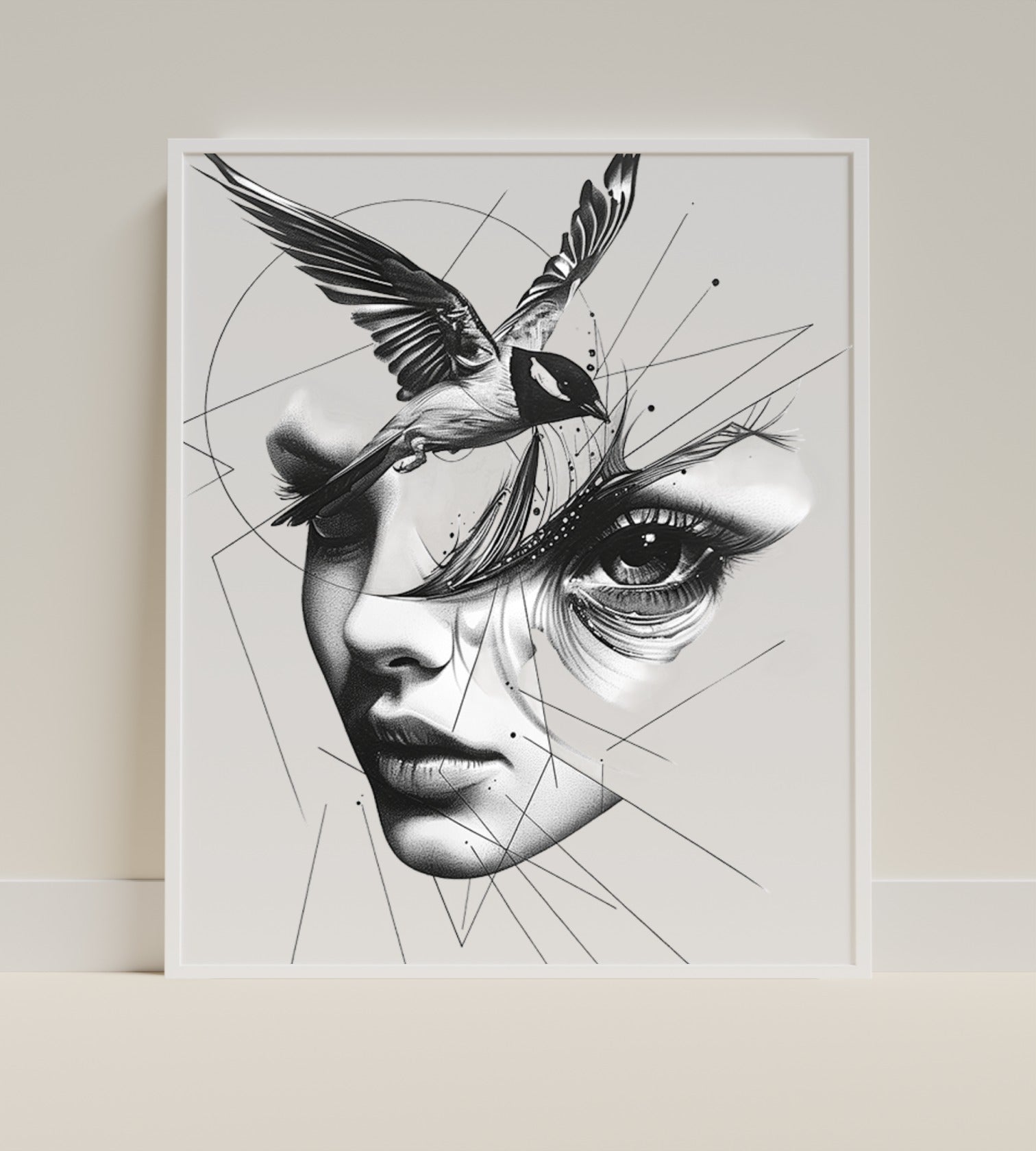 Abstract Female Portrait with Bird Wall Art Decor