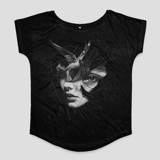 Artistic Woman and Bird Design Black T-Shirt