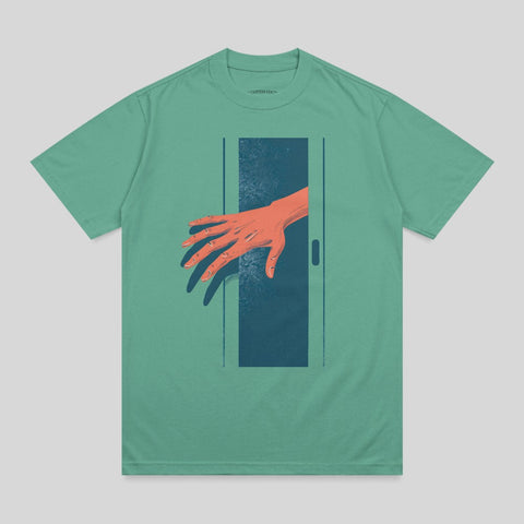Orange Hand Reaching Dark Opening Teal Graphic product type