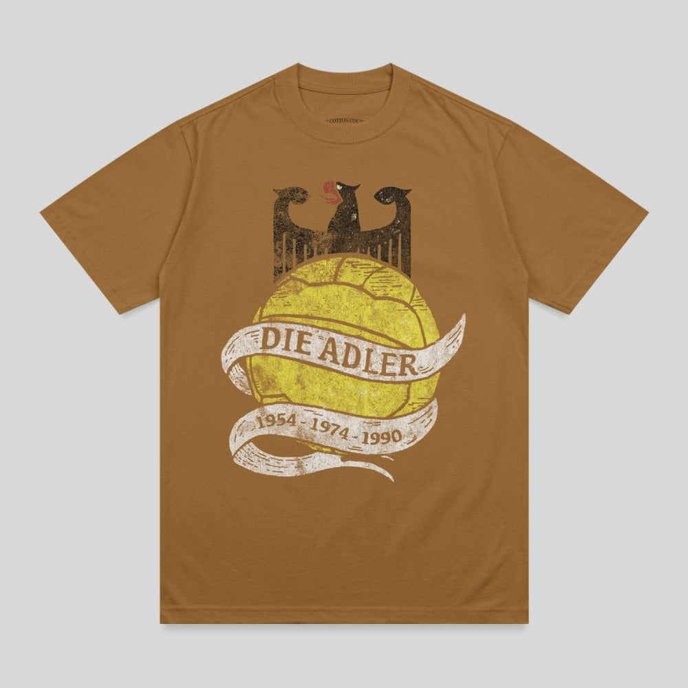 Brown t-shirt with a vintage soccer ball graphic and "DIE ADLER 1954-1974-1990".