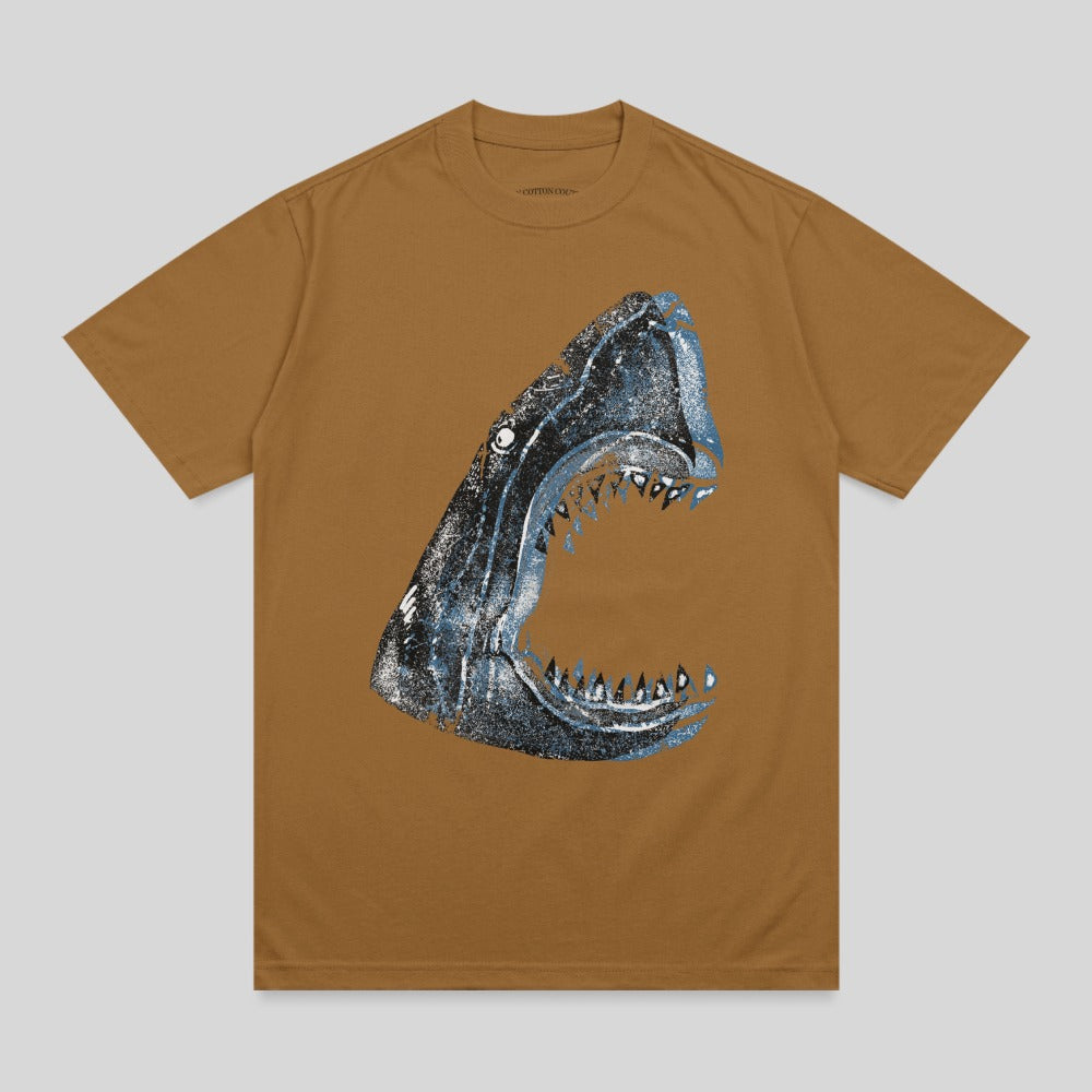 Brown t-shirt with a distressed graphic of a shark's open jaws.