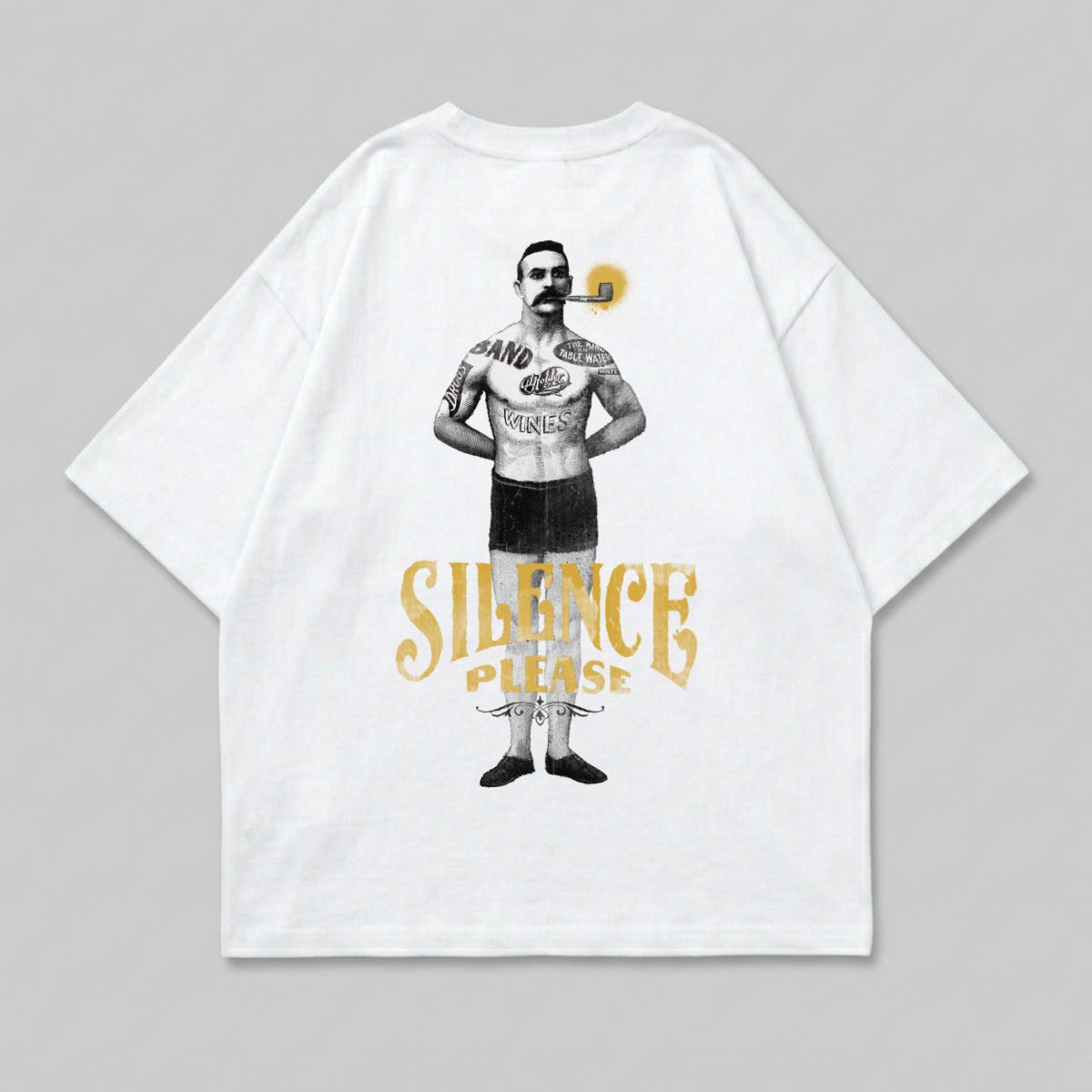 White t-shirt featuring a tattooed man smoking a pipe and "SILENCE PLEASE" text.