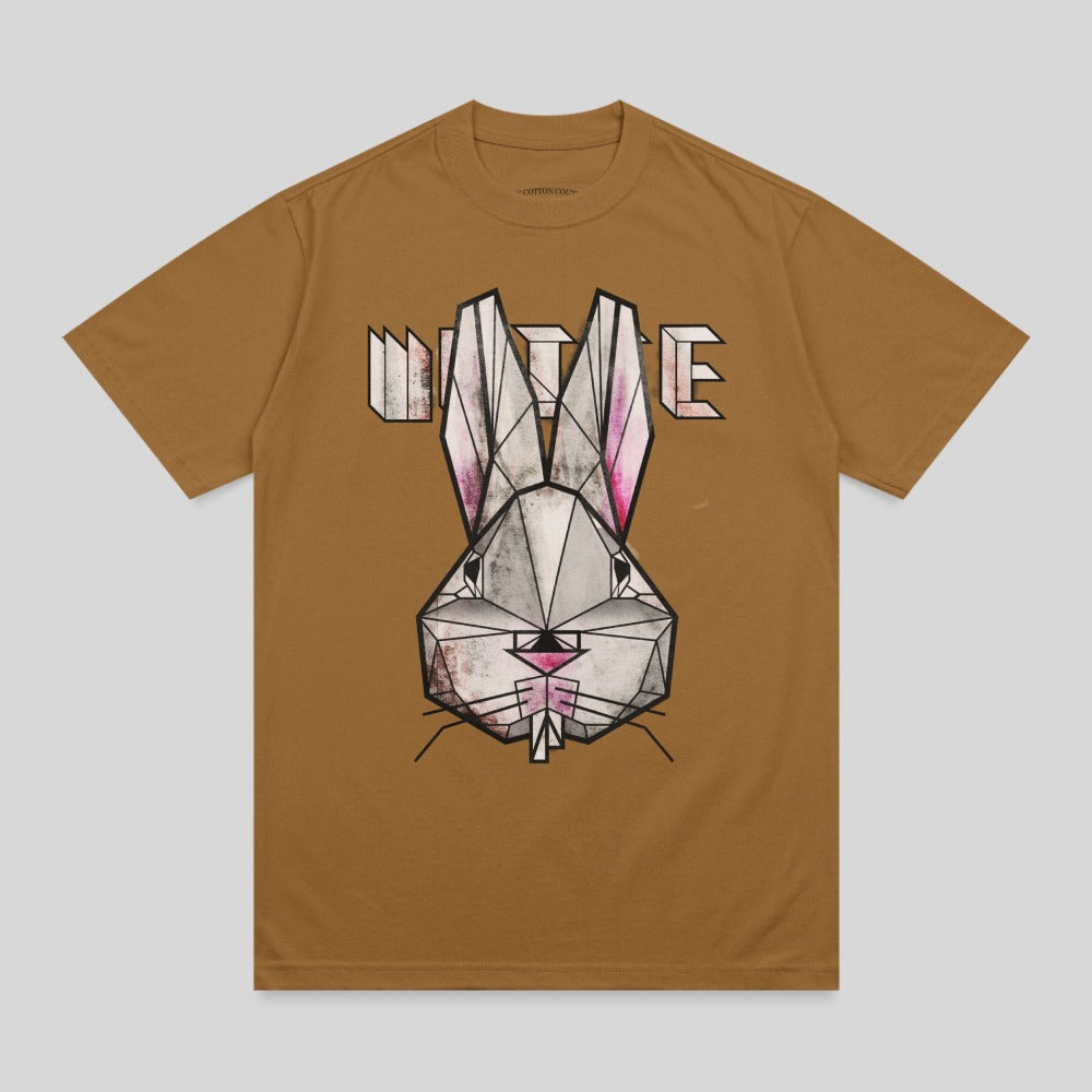 Brown t-shirt with a geometric rabbit graphic and "UNITE" text.