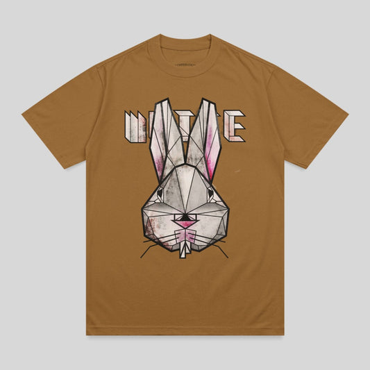 Brown t-shirt with a geometric rabbit graphic and "UNITE" text.