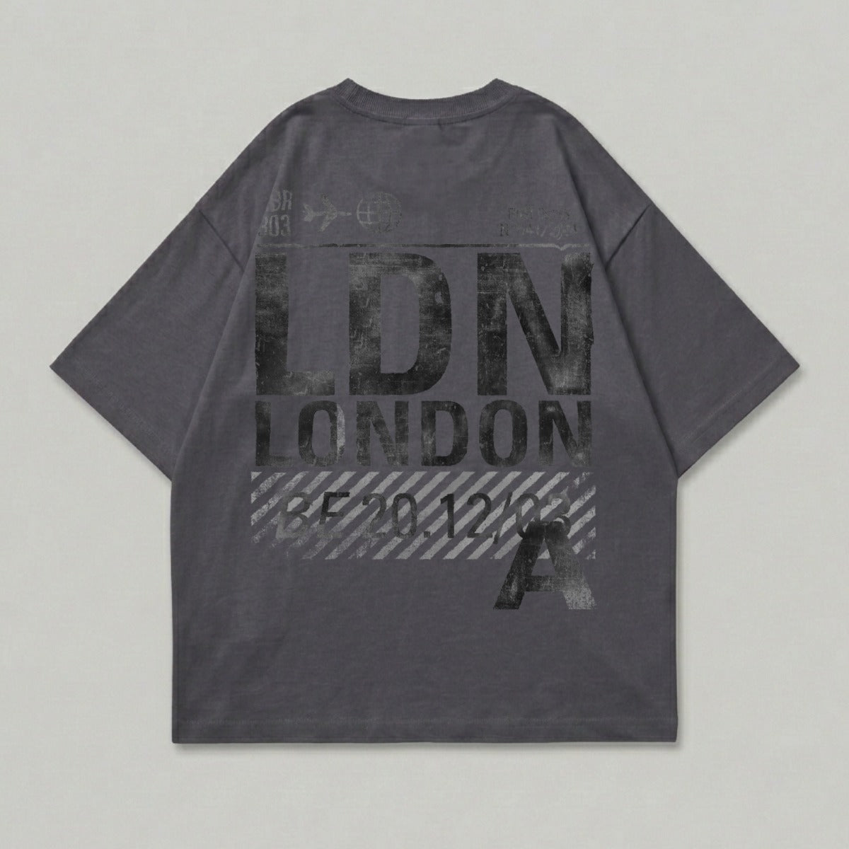 Grey t-shirt with "LDN LONDON" text and a date.