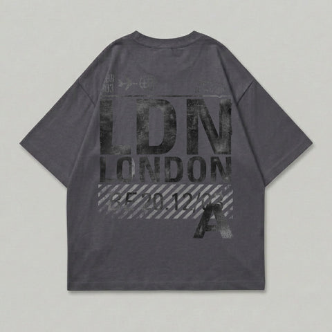 Grey t-shirt with "LDN LONDON" text and a date.