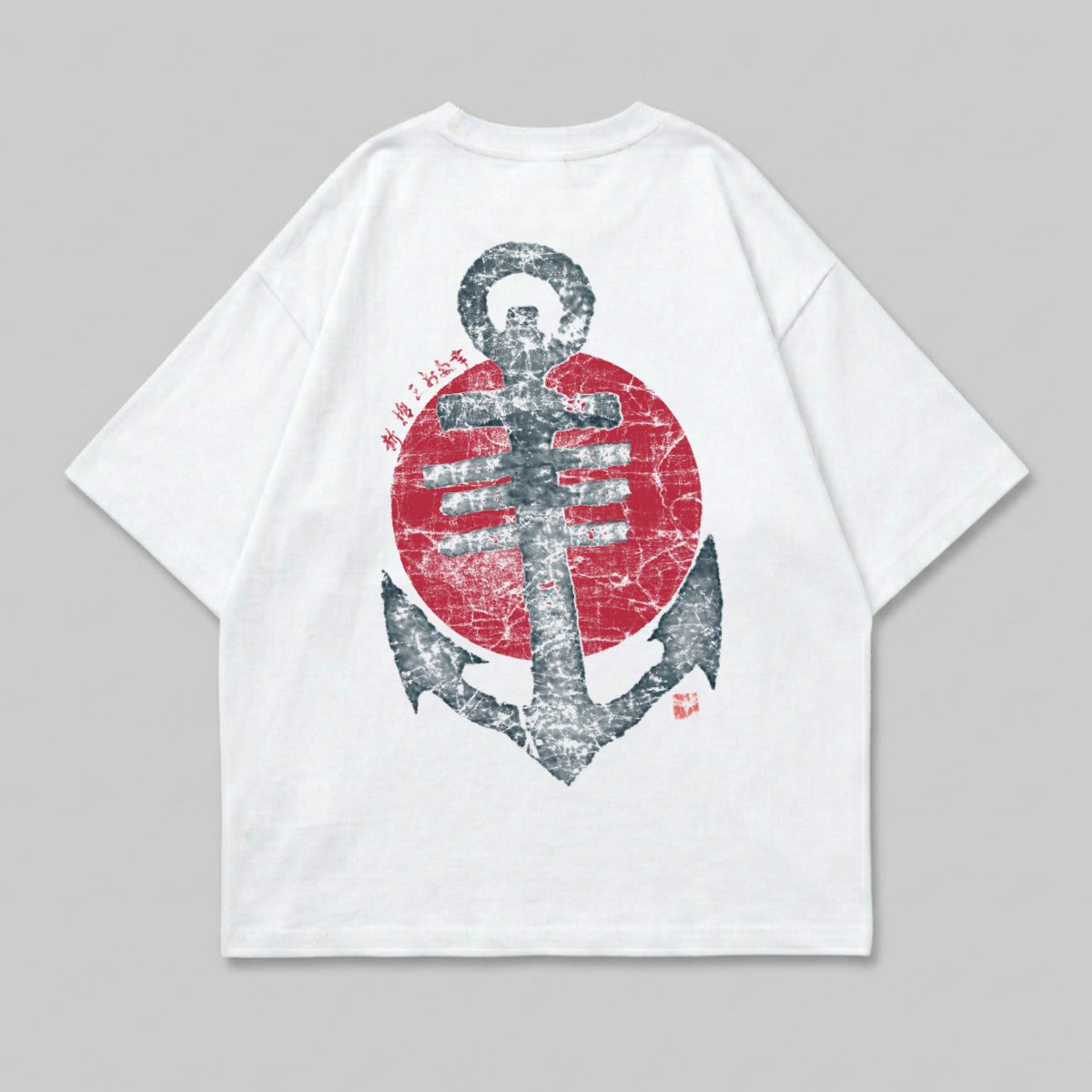 White t-shirt with a distressed red circle and anchor graphic.