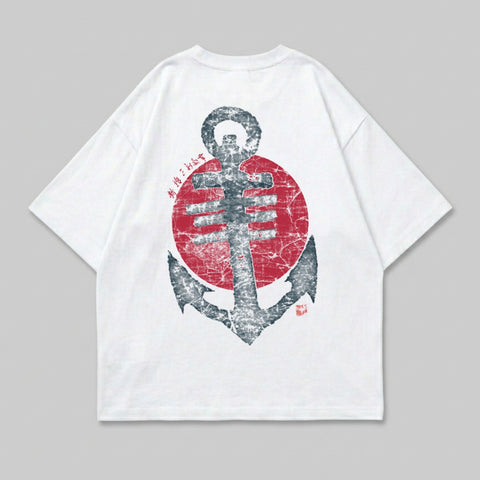 White t-shirt with a distressed red circle and anchor graphic.