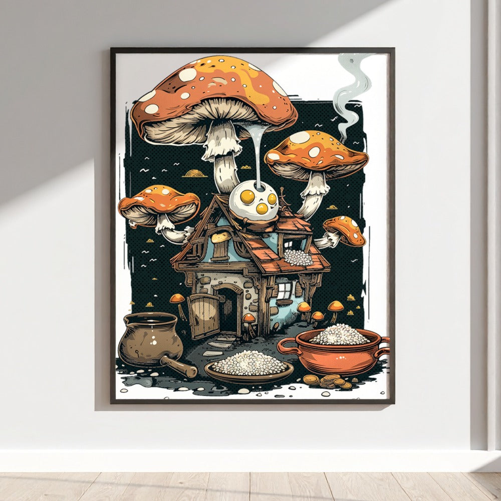 Whimsical Mushroom House Illustrated Wall Art Poster