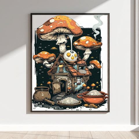 Whimsical Mushroom House Illustrated Wall Art Poster
