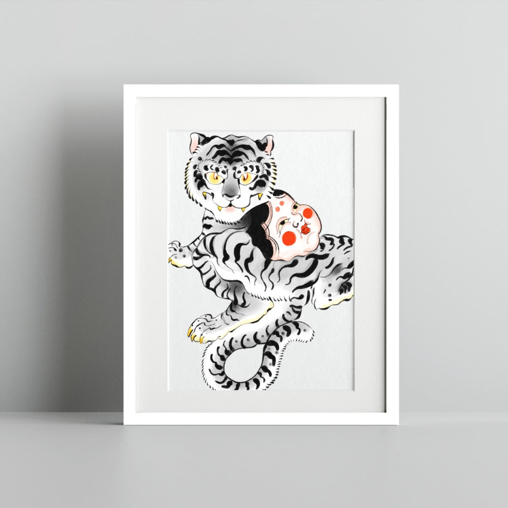 Traditional Japanese Tiger and Mask Art Print