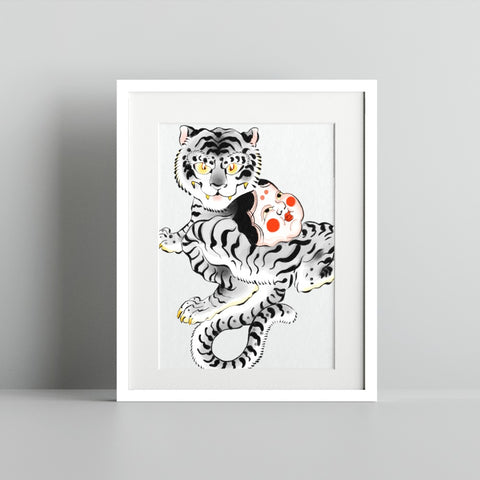 Traditional Japanese Tiger and Mask Art Print