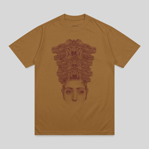 Brown t-shirt with a brown linocut print of a woman's face and multiple lion heads.