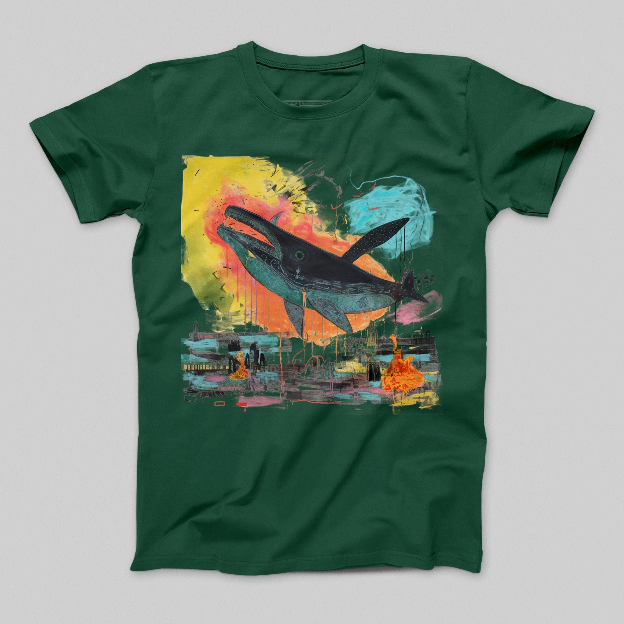 Colorful Whale Illustration Artwork Green T-Shirt