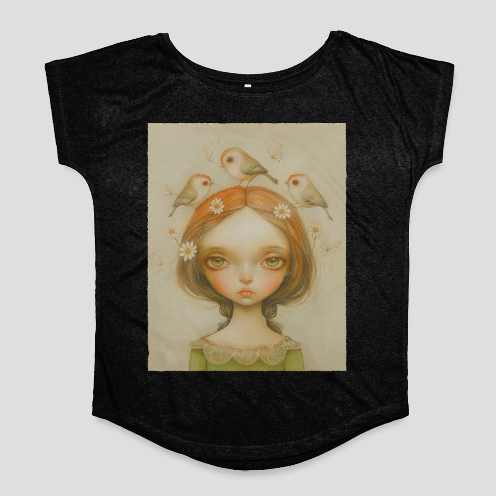Girl with Birds and Flowers Vintage Art Shirt