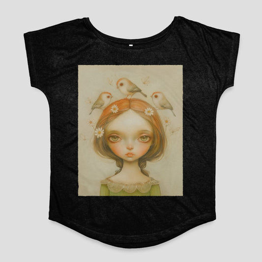 Girl with Birds and Flowers Vintage Art Shirt