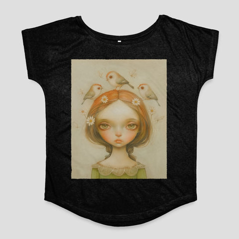 Girl with Birds and Flowers Vintage Art Shirt
