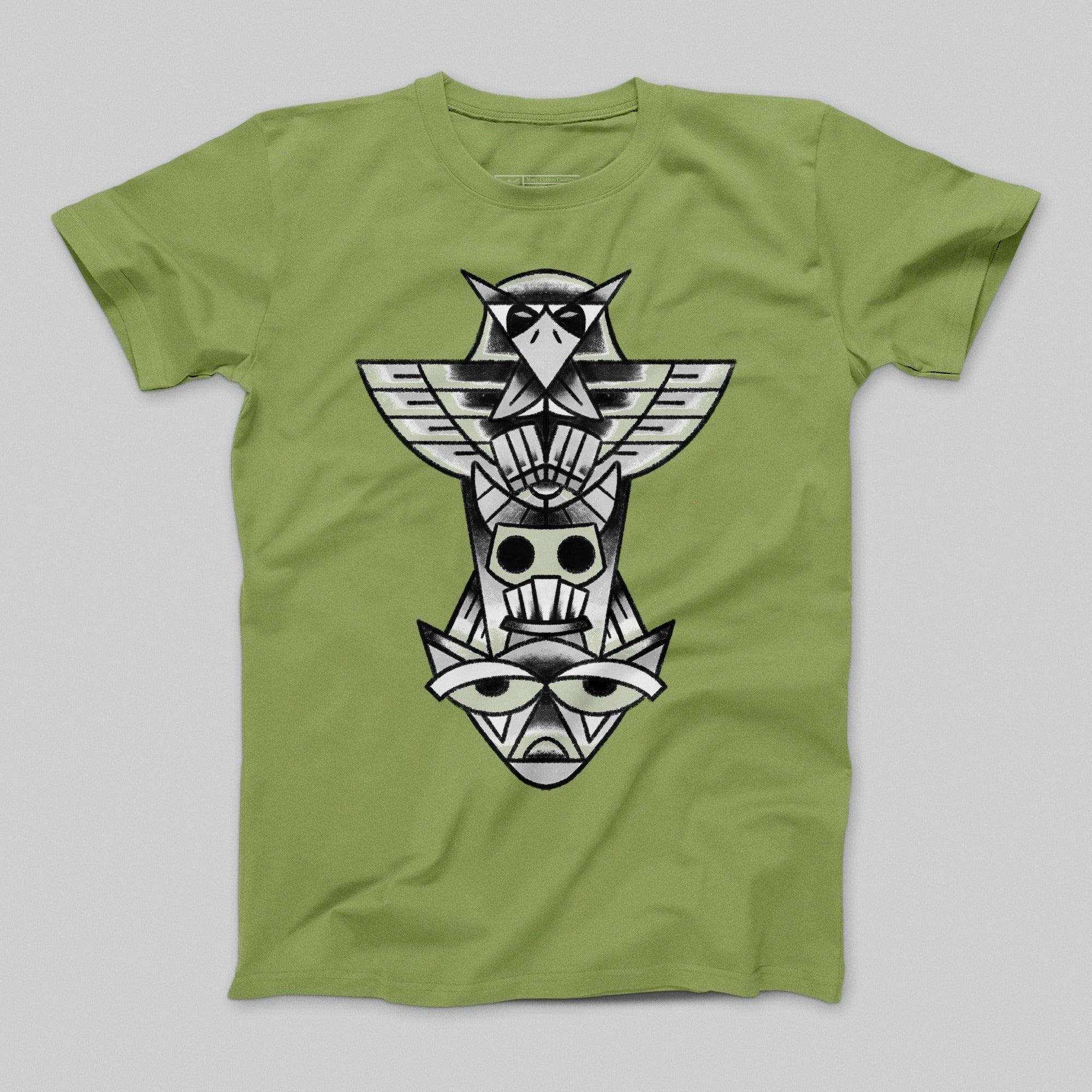 Green T-Shirt with Geometric Owl Totem Design Top