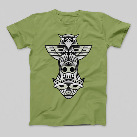 Green T-Shirt with Geometric Owl Totem Design Top