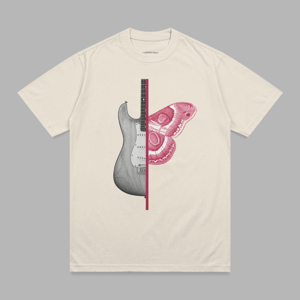T-shirt with a graphic of a guitar half and a moth half.