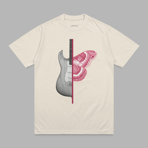 T-shirt with a graphic of a guitar half and a moth half.