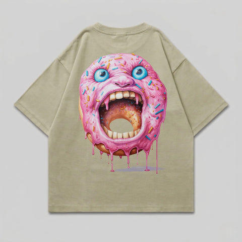 T-shirt with a cartoon donut with a screaming face, dripping frosting.