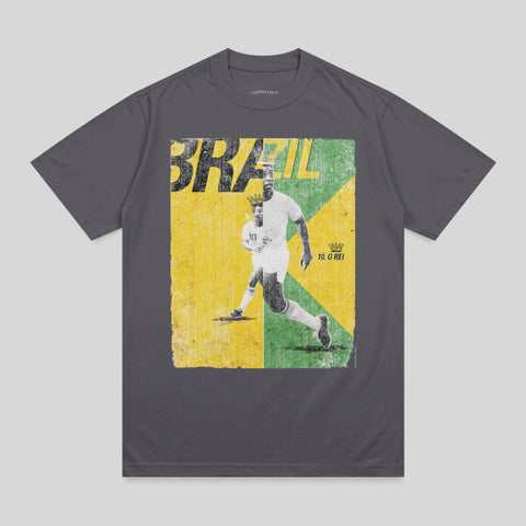 Dark grey t-shirt with distressed graphic of soccer player in white jersey running.