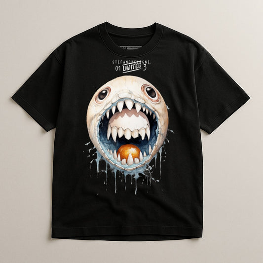 Black t-shirt with a cartoon monster face graphic and "Stefano Negrini. 01 LIMITED 3".