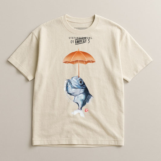 Tan t-shirt featuring a fish holding an orange umbrella.