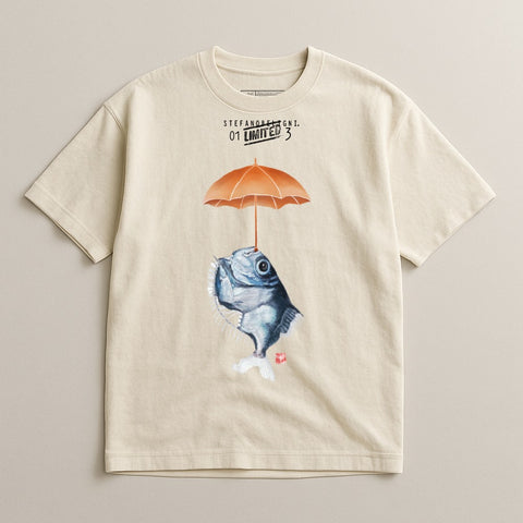 Tan t-shirt featuring a fish holding an orange umbrella.