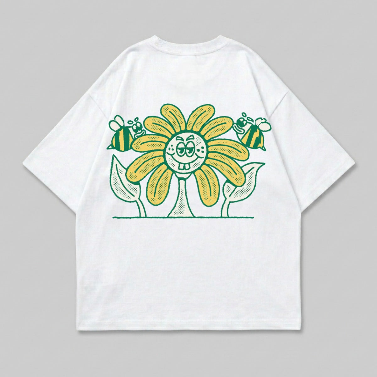 Sunflower Character Bees Playful Graphic White product type
Flower
Bees
Cartoon
Graphic
Illustration
White
Green
Yellow
Smiling
Happy
Cute
Whimsical
Floral
Insect
Nature
Playful
Artwork
Design
Streetwear
Apparel