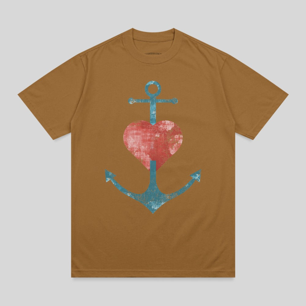 Brown t-shirt with distressed blue anchor and red heart graphic.