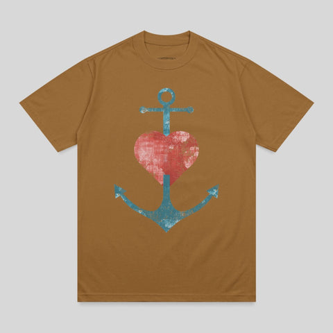 Brown t-shirt with distressed blue anchor and red heart graphic.
