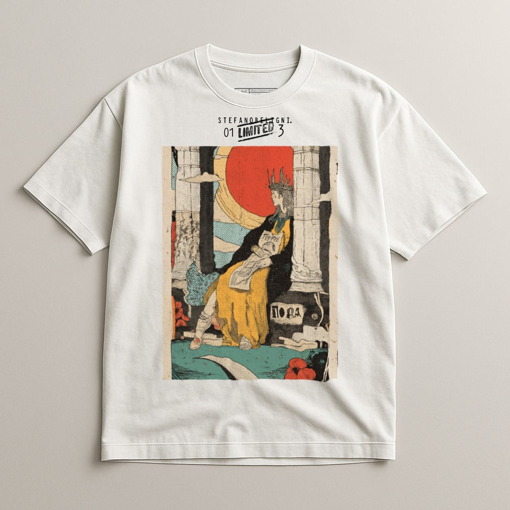 White t-shirt with graphic of a crowned woman in yellow dress, text "STEFANO BAGNI" and "LIMITED 3".