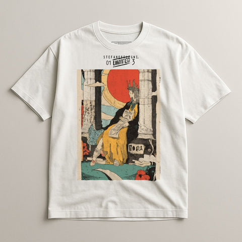 White t-shirt with graphic of a crowned woman in yellow dress, text "STEFANO BAGNI" and "LIMITED 3".
