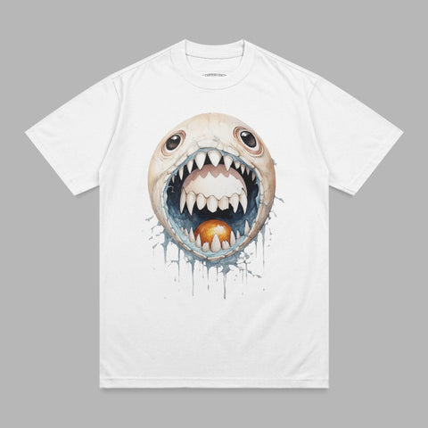 White t-shirt with a cartoon monster's wide open mouth and sharp teeth.