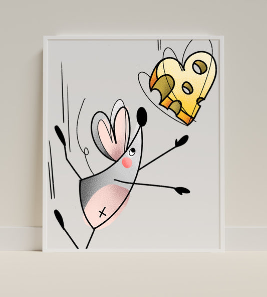 Whimsical Mouse Chasing Heart Shaped Cheese Art Print