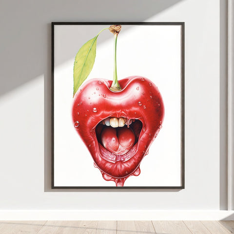 Vibrant Cherry with Mouth Artwork Framed Wall Art Decor