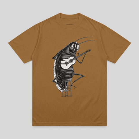 Cockroach playing a guitar while sitting on a stool.
