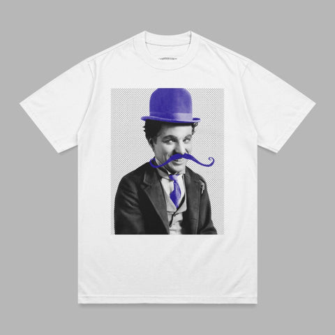 Charlie Chaplin in bowler hat and purple tie, stylized mustache.