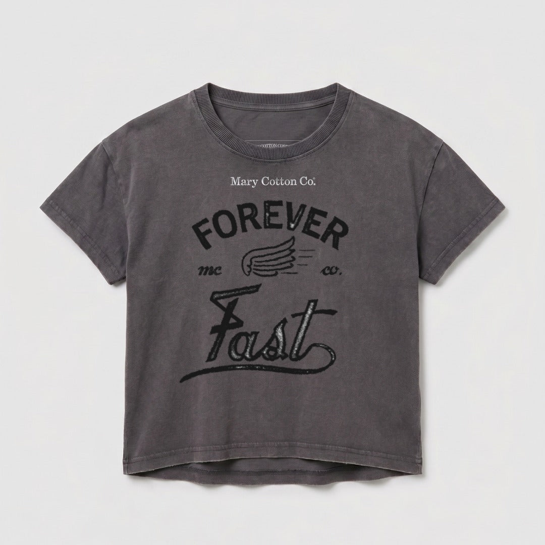 Dark grey t-shirt with "Forever Fast" graphic and "Mary Cotton Co." text.