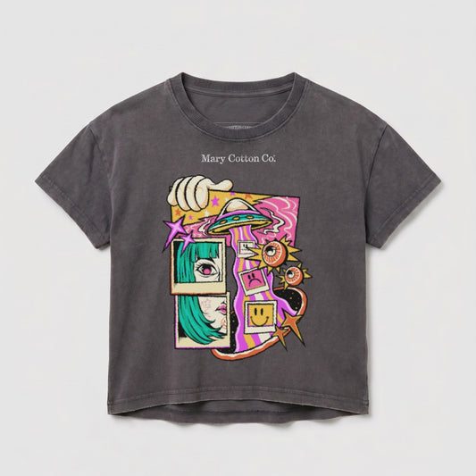 Graphic t-shirt with alien and retro-futuristic designs.