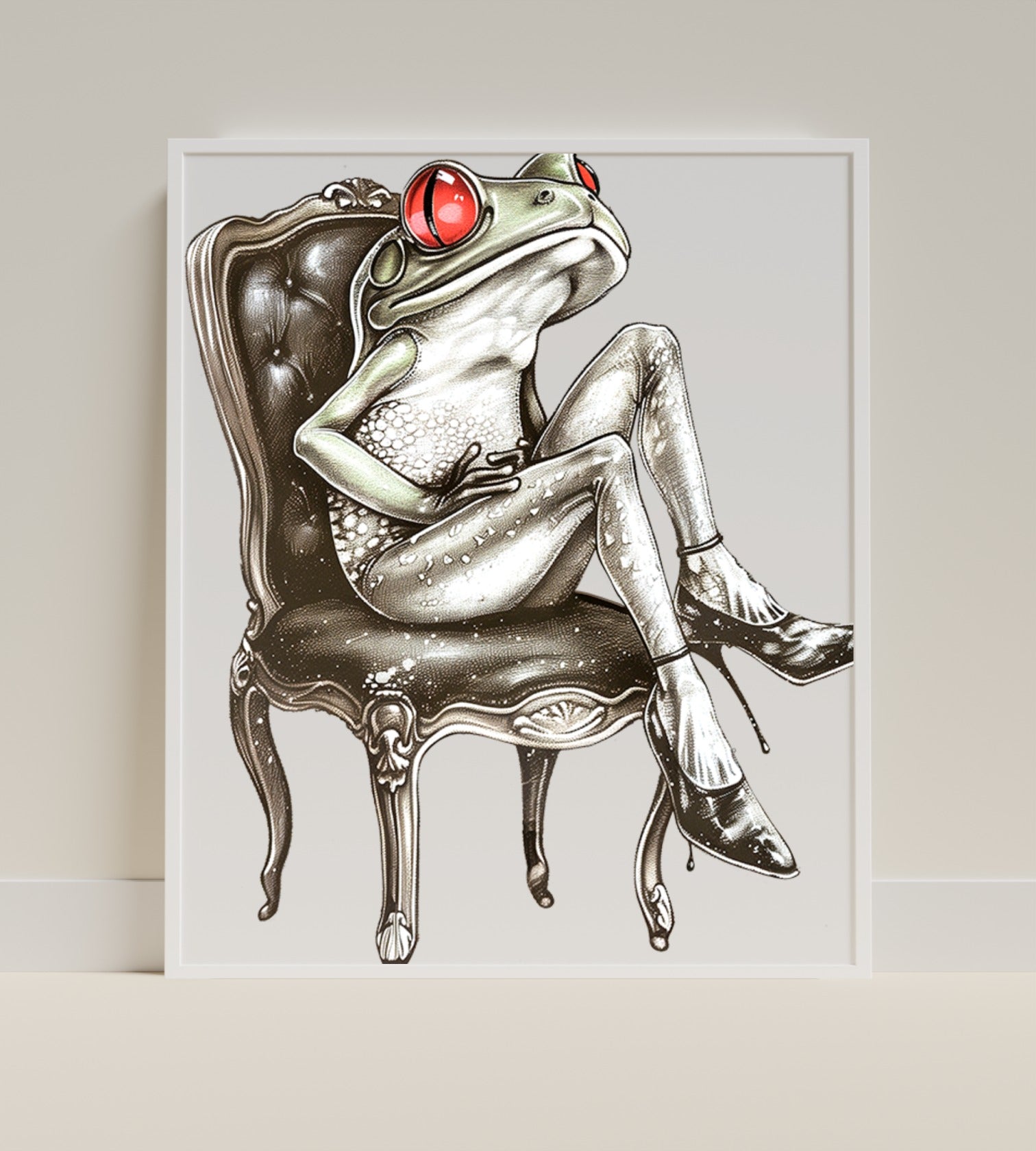 Whimsical Frog with Red Eyes Sitting on Chair Art Print